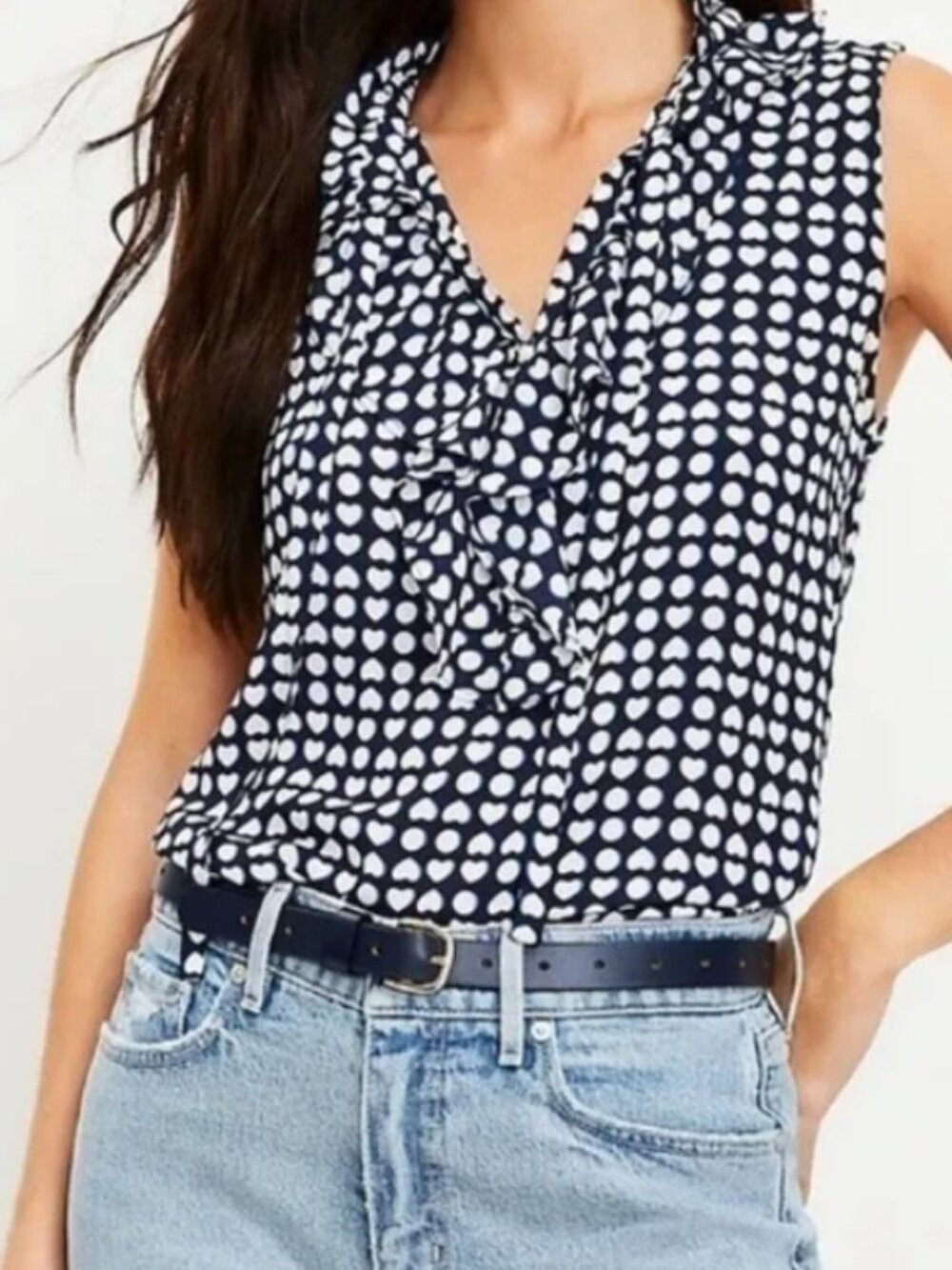 LOFT Navy White Polka Dot Heart Ruffle Sleeveless Blouse Size L
